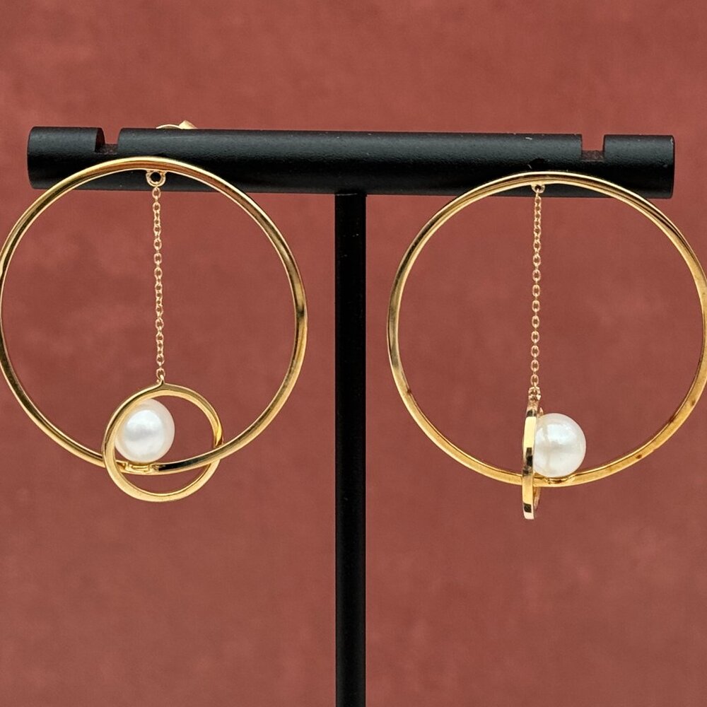Mateo Suspended Circle in a Circle Pearl Hoop Earrings 14KY 5.22 grams approx